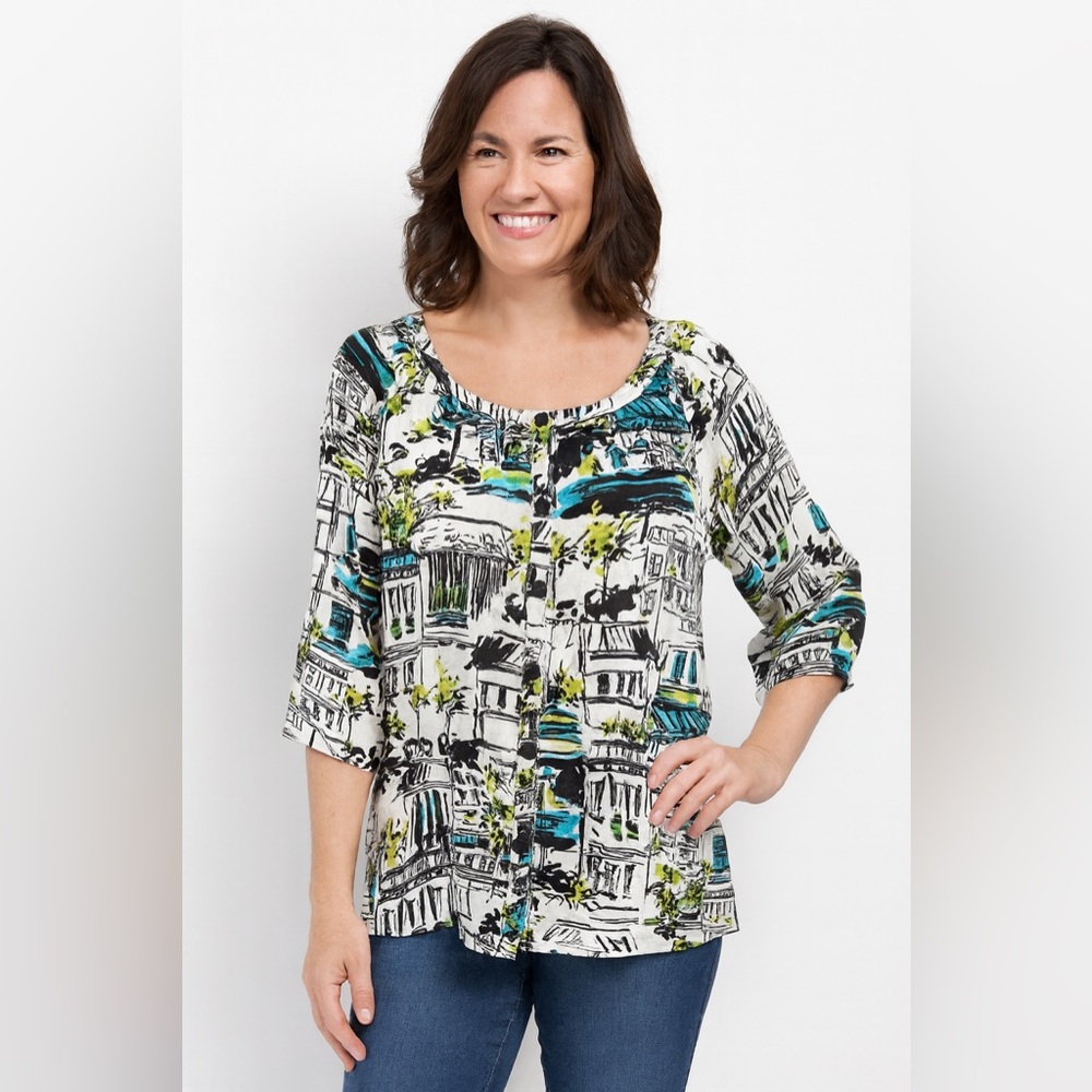 Lantana Casuals Blue White Black Print Linen 3/4 Sleeves Button Up Top Medium